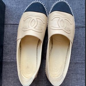 Chanel Beige and Black leather authentic Chanel espadrille.